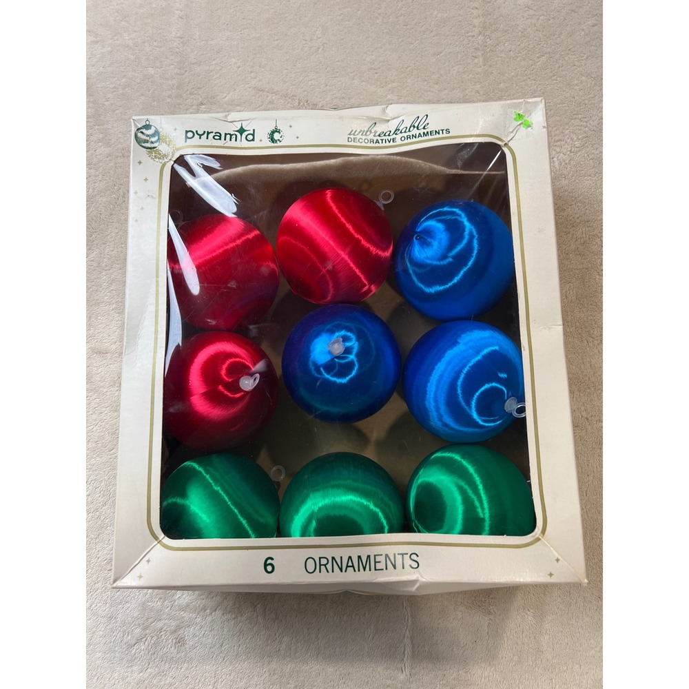 Pyramid Satin Sheen Unbreakable Christmas Ornaments Vintage 9 Red Blue Green